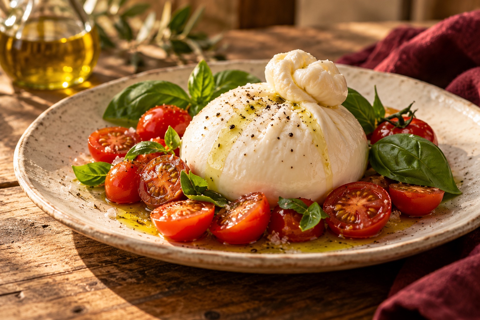 Illustrative fresh burrata with tomatoes, basil and olive oil