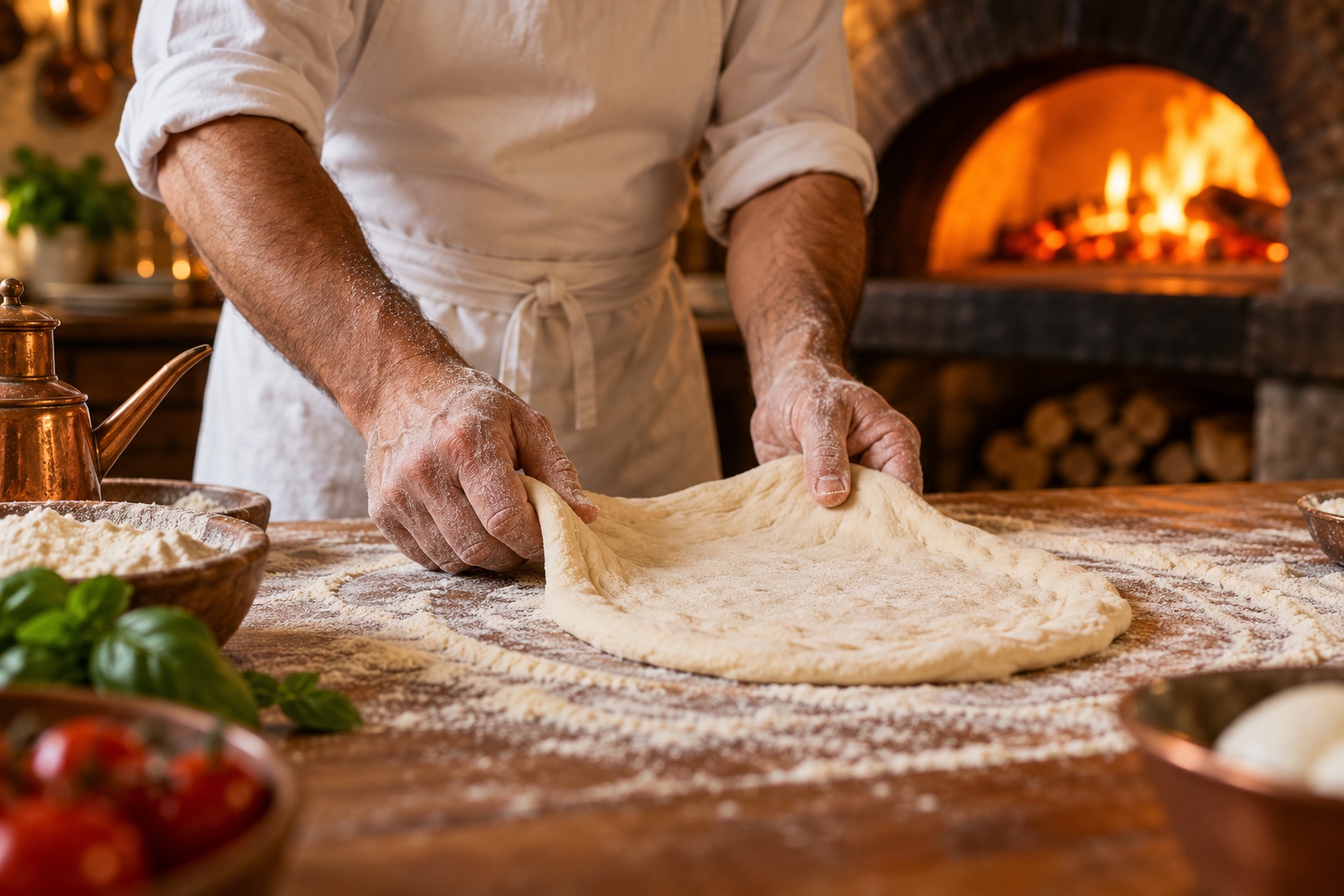 Illustrative pizza maker stretching dough by hand on a floured workbench
