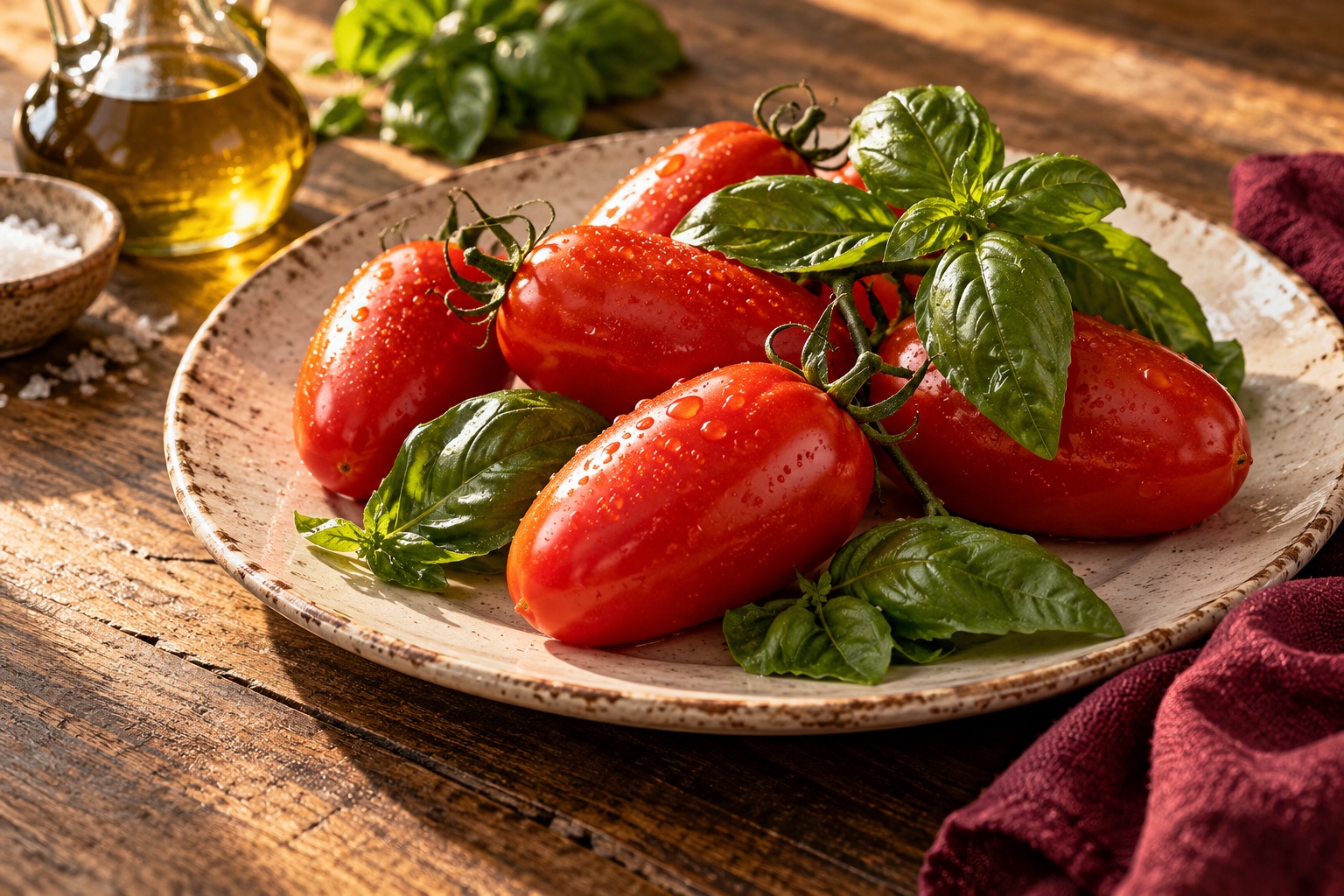 Illustrative still life of ripe tomatoes and fresh basil
